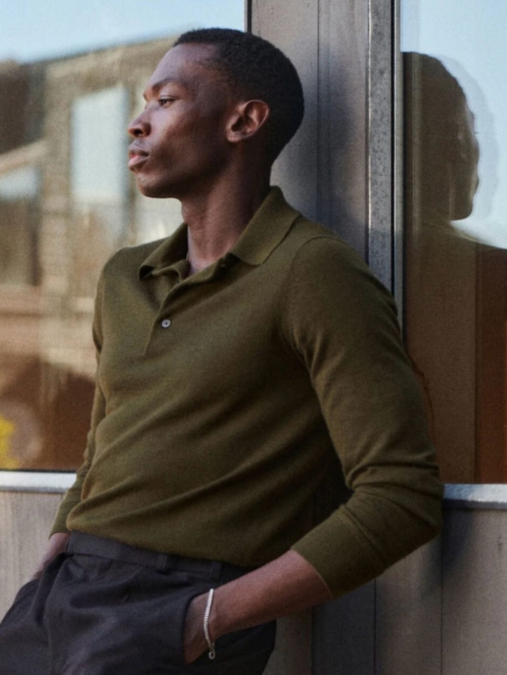 Buck Mason Olive Green Long Sleeve Cashmere Polo Shirt